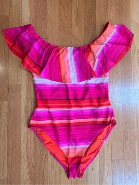 Trina Turk Hot Pink & Orange Ruffled Off-Shoulder Swimsuit